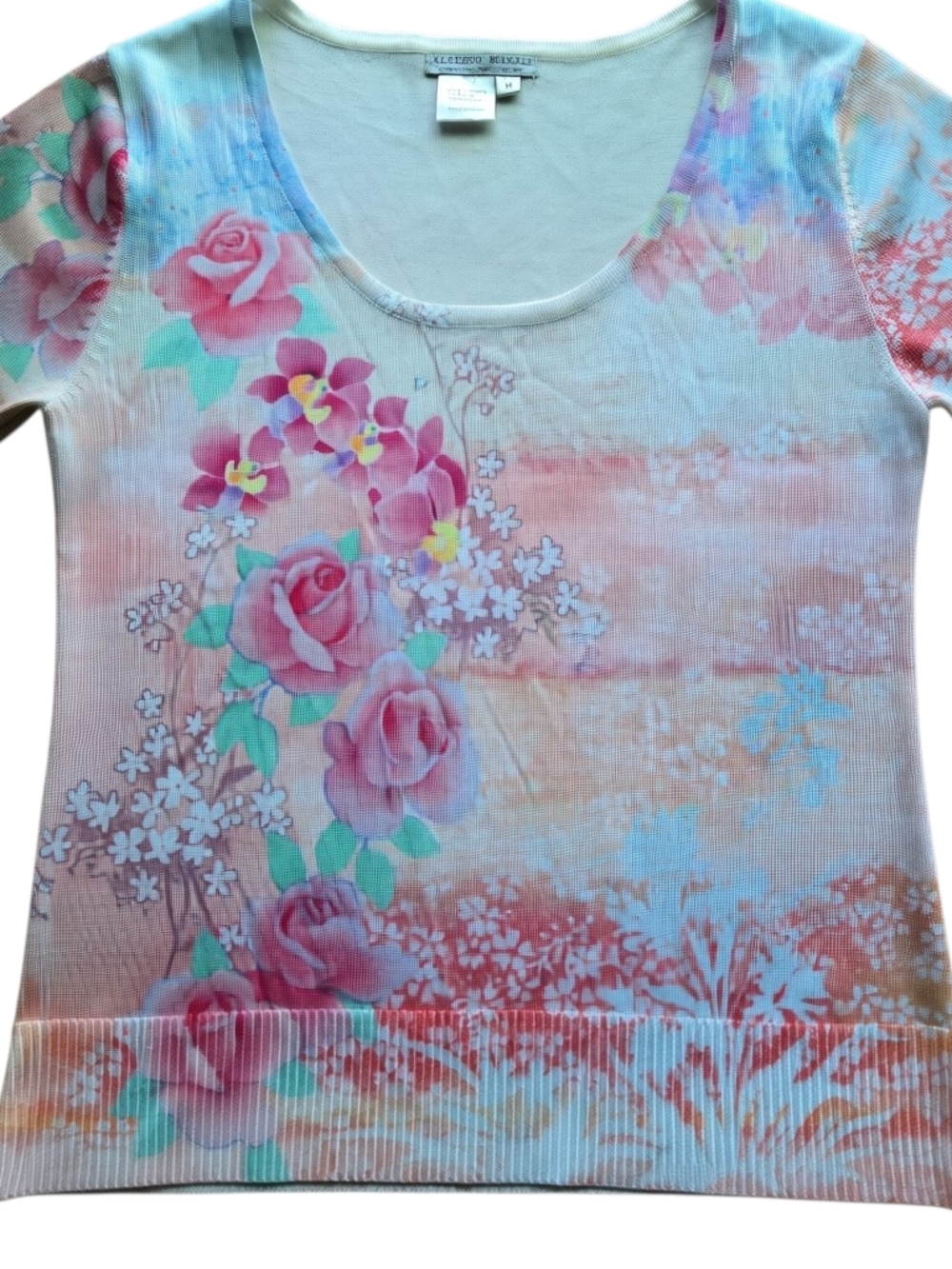 Vintage Alberto Makali Romantic Floral Scoop Neck Top in Multicolor Pastels Med